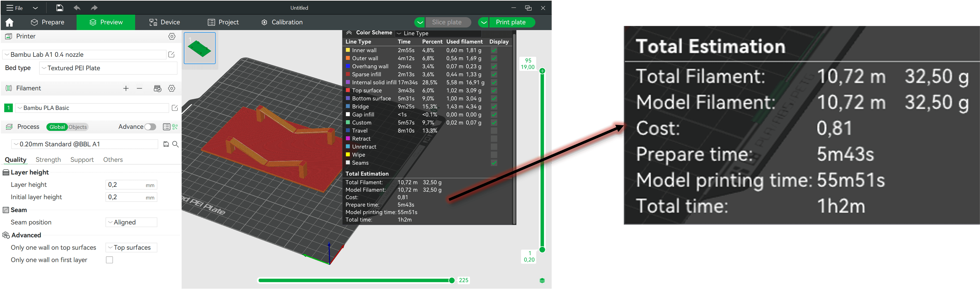 Krav 4 – max 30g filament i Bambu Studio