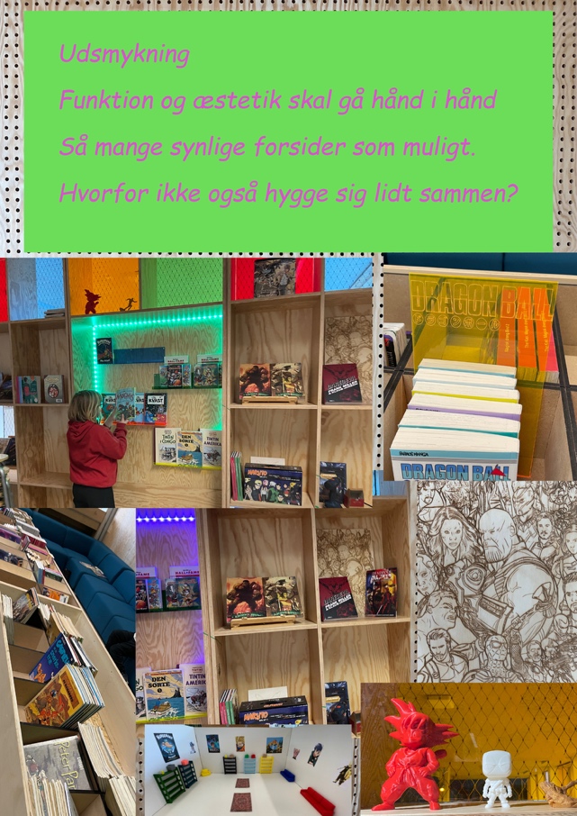 Det færdige tegneserieområde med bøger, LED-lys og 3D-figurer